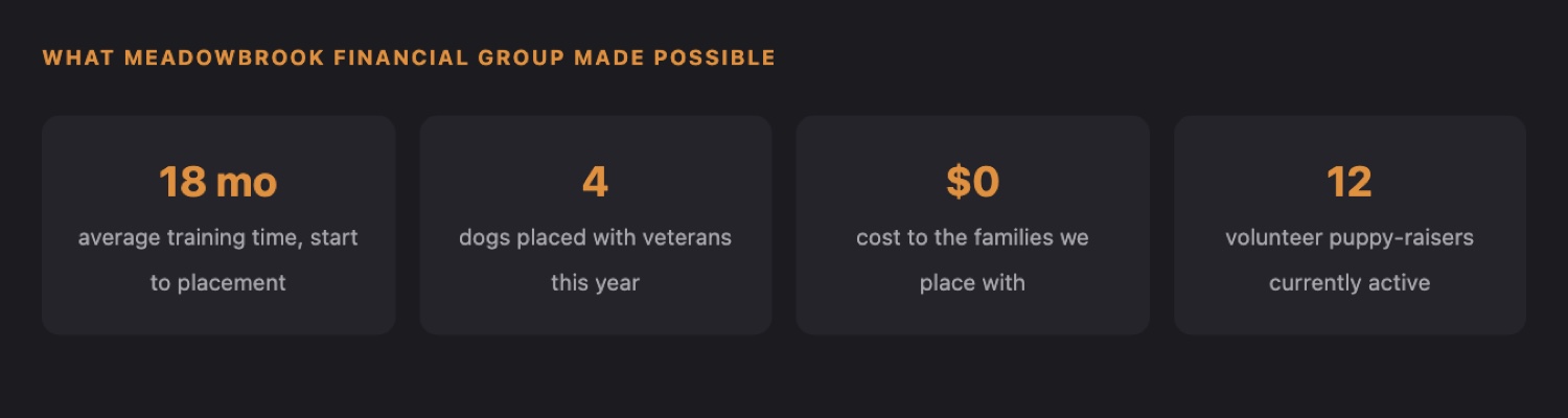 A section of an example donor page showing four figures about the nonprofit's year: training time, dogs placed, cost to families and active volunteers.